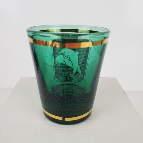 Vintage Green Gold Sea World Souvenir Shot Glass Dolphins Mid Century Modern - Thumbnail 4