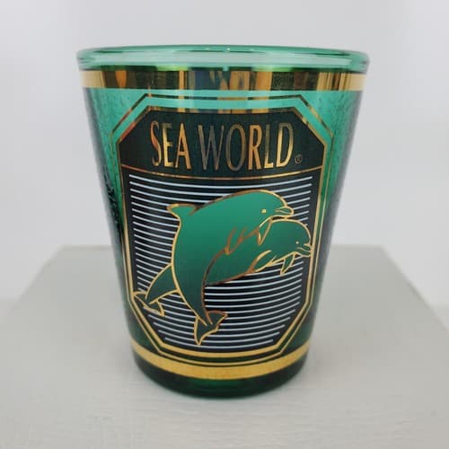 Vintage Green Gold Sea World Souvenir Shot Glass Dolphins Mid Century Modern