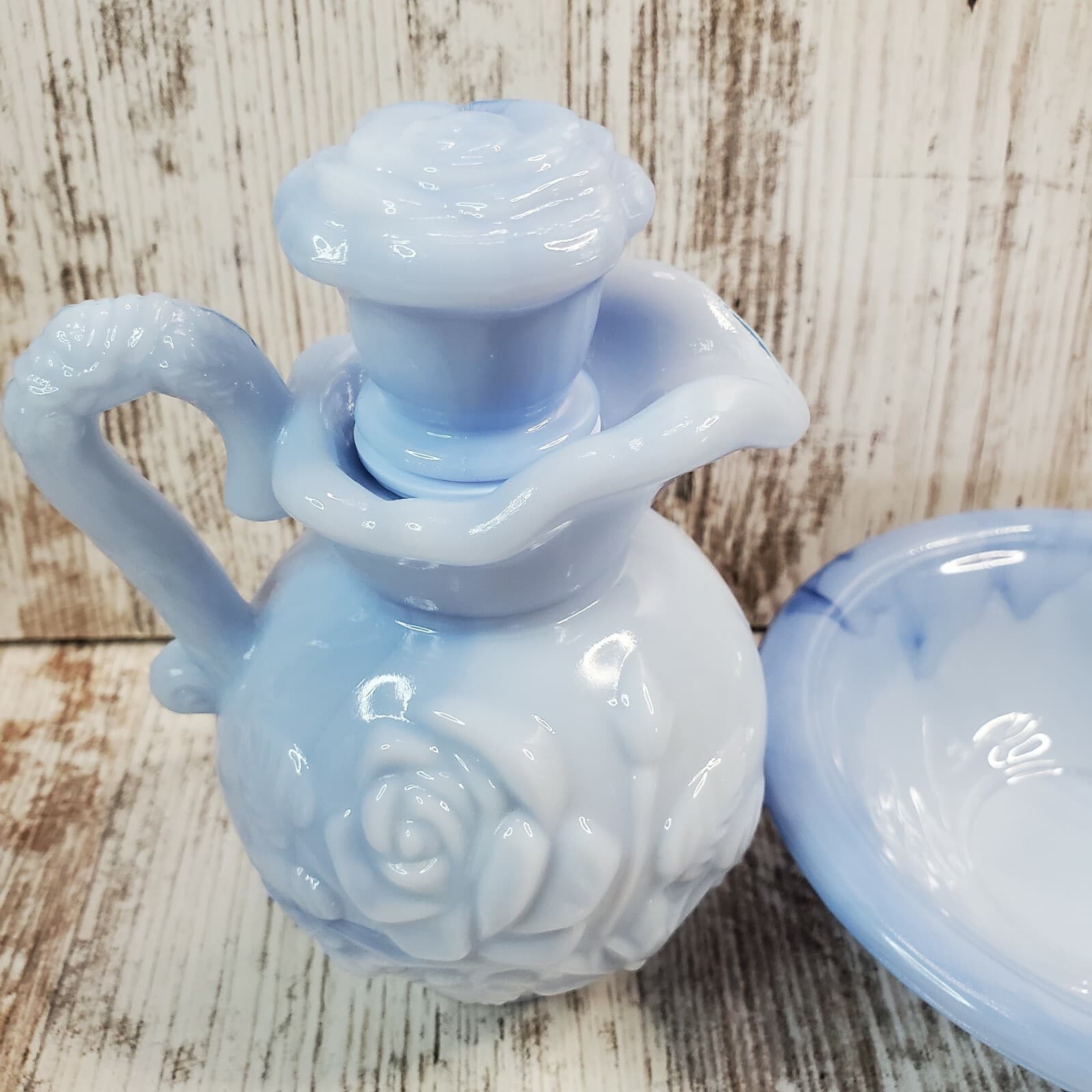 Vintage 1978 Avon Victorian Style Blue Rose Milk Glass Pitcher w/ Stopper & Bowl - Thumbnail 5
