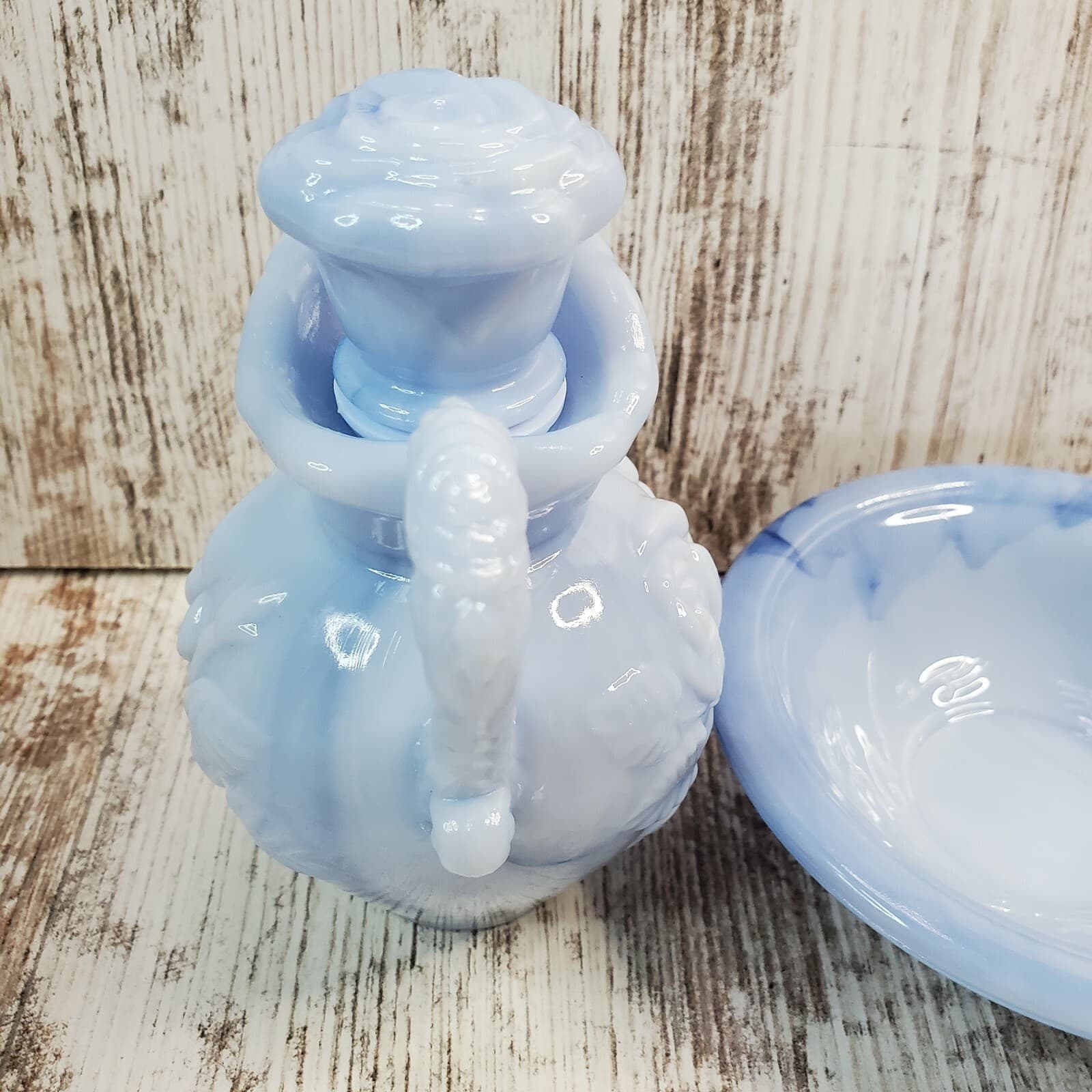 Vintage 1978 Avon Victorian Style Blue Rose Milk Glass Pitcher w/ Stopper & Bowl - Thumbnail 4
