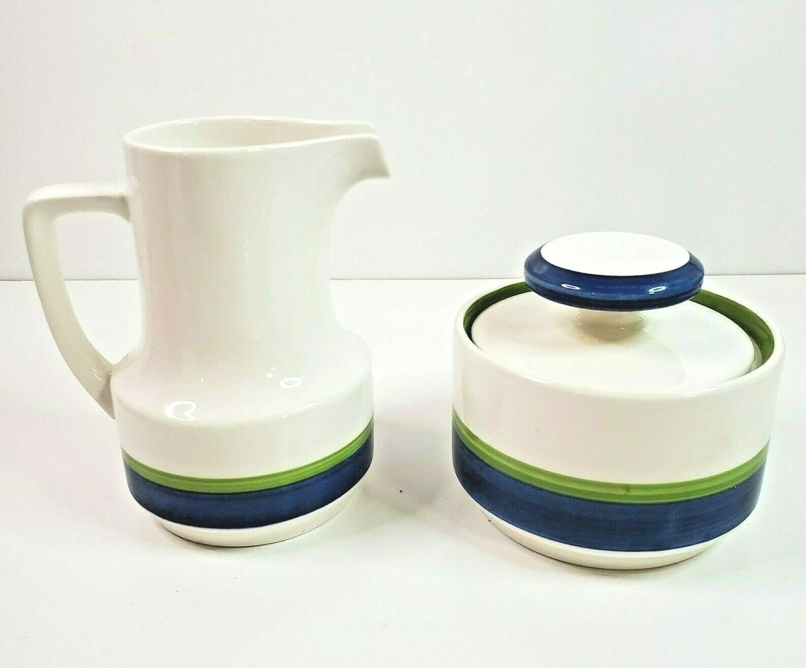 Retro Vintage Noritake Craftone Polka 8758 Cream & Sugar Set White Blue Green