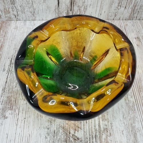 Mid Century Modern Handblown Art Glass Emerald Green Gold Ashtray Candy Dish