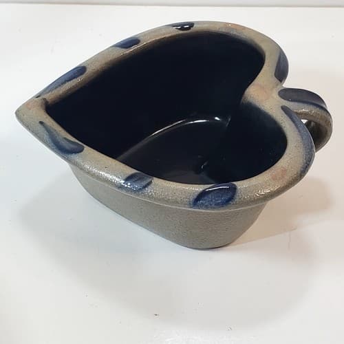 Rowe Pottery Works Heart Bowl w/ Handle Blue Grey Cambridge WI Stoneware 1995 - Thumbnail 2