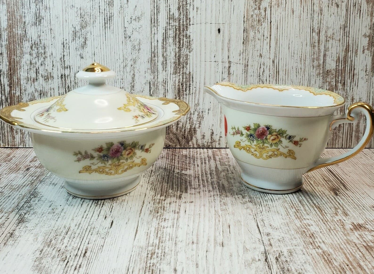 Vintage Kikusiu Fine China Lidded Sugar Bowl & Creamer Green Gold Floral Japan