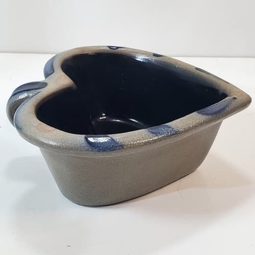 Rowe Pottery Works Heart Bowl w/ Handle Blue Grey Cambridge WI Stoneware 1995 - Thumbnail 4
