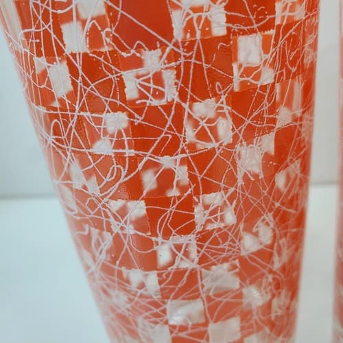 2 Vtg MCM Orange Checkered Spaghetti String Tumblers 12oz Tall Drinking Glasses - Thumbnail 2