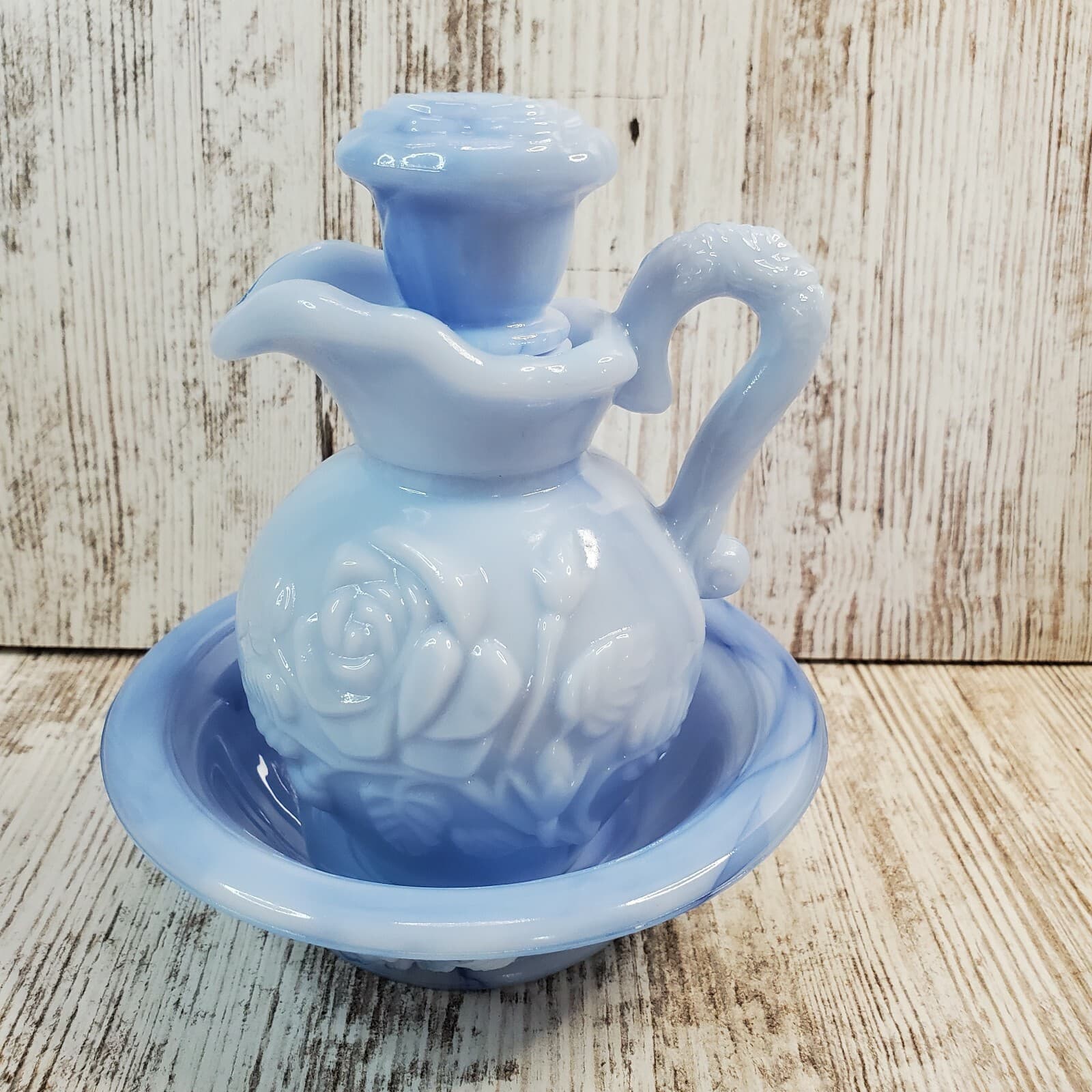 Vintage 1978 Avon Victorian Style Blue Rose Milk Glass Pitcher w/ Stopper & Bowl