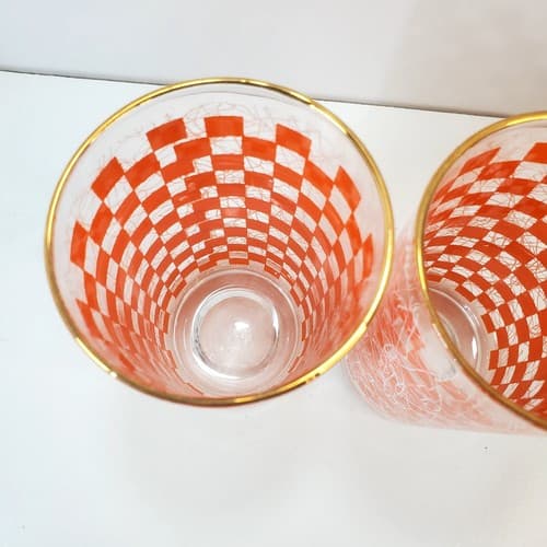 2 Vtg MCM Orange Checkered Spaghetti String Tumblers 12oz Tall Drinking Glasses - Thumbnail 4