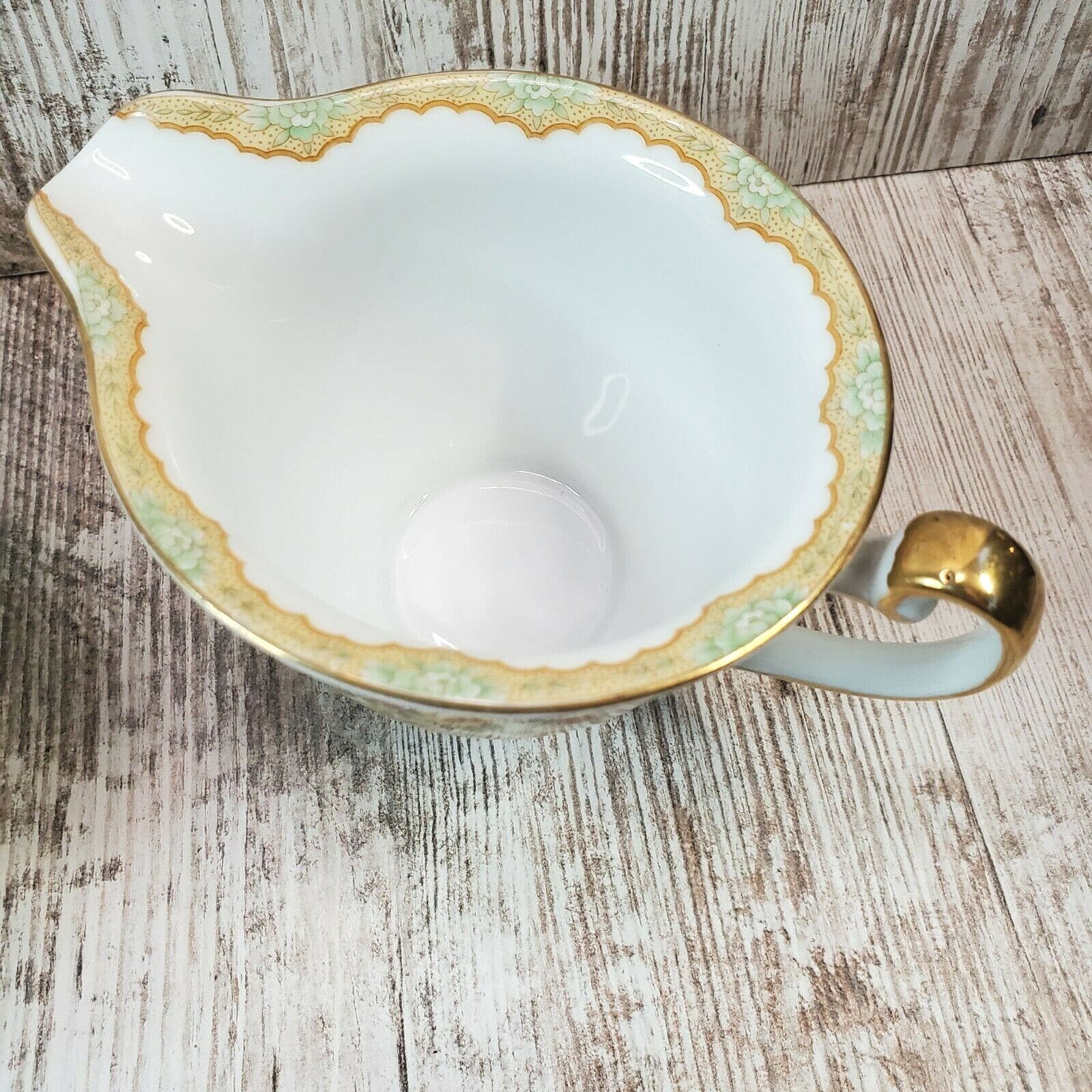 Vintage Kikusiu Fine China Lidded Sugar Bowl & Creamer Green Gold Floral Japan - Thumbnail 2