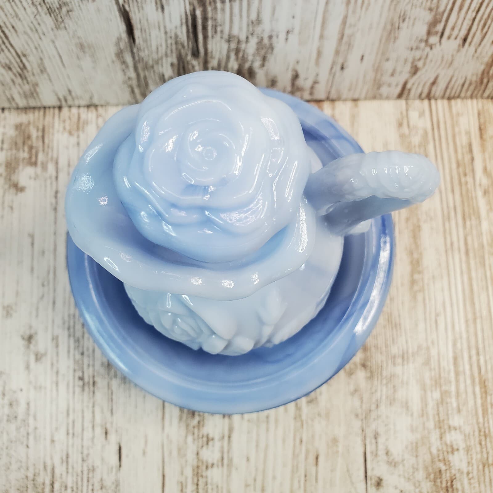 Vintage 1978 Avon Victorian Style Blue Rose Milk Glass Pitcher w/ Stopper & Bowl - Thumbnail 2