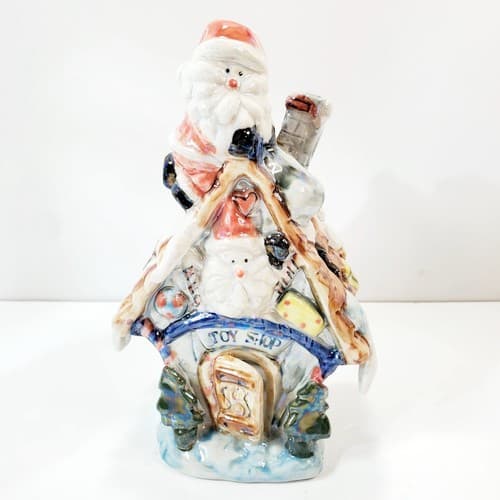 Pearlized Ceramic Santa's Toy Shop Christmas Tea Light House Holiday Decor 7.5"