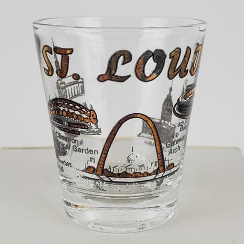 Vtg St Louis State Souvenir Shot Glass Gold Black Gateway Arch Busch Stadium