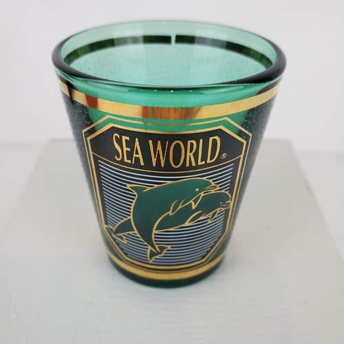 Vintage Green Gold Sea World Souvenir Shot Glass Dolphins Mid Century Modern - Thumbnail 2
