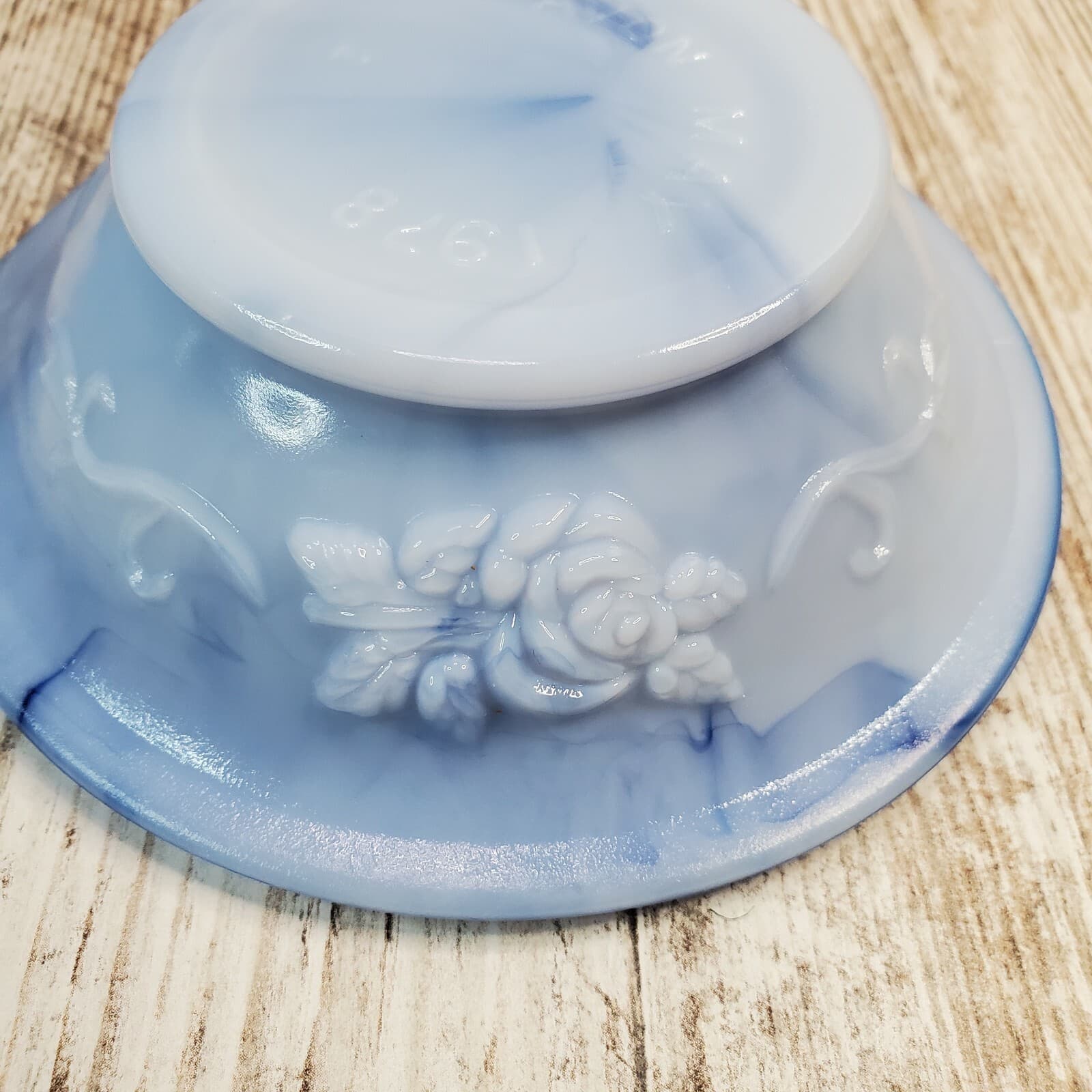 Vintage 1978 Avon Victorian Style Blue Rose Milk Glass Pitcher w/ Stopper & Bowl - Thumbnail 9