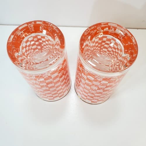 2 Vtg MCM Orange Checkered Spaghetti String Tumblers 12oz Tall Drinking Glasses - Thumbnail 5