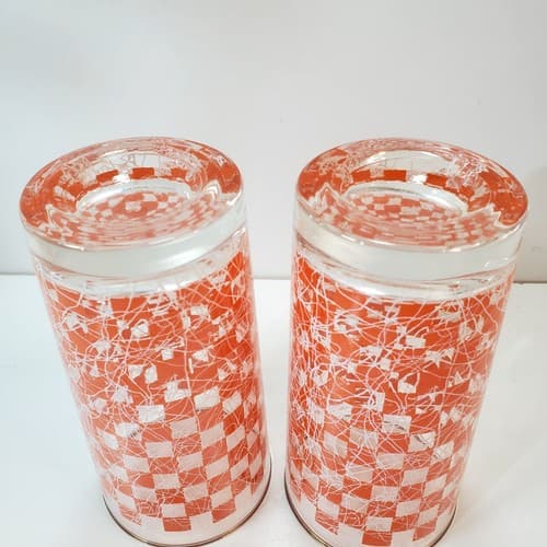 2 Vtg MCM Orange Checkered Spaghetti String Tumblers 12oz Tall Drinking Glasses - Thumbnail 6