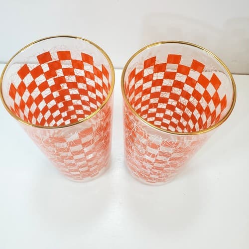 2 Vtg MCM Orange Checkered Spaghetti String Tumblers 12oz Tall Drinking Glasses - Thumbnail 3