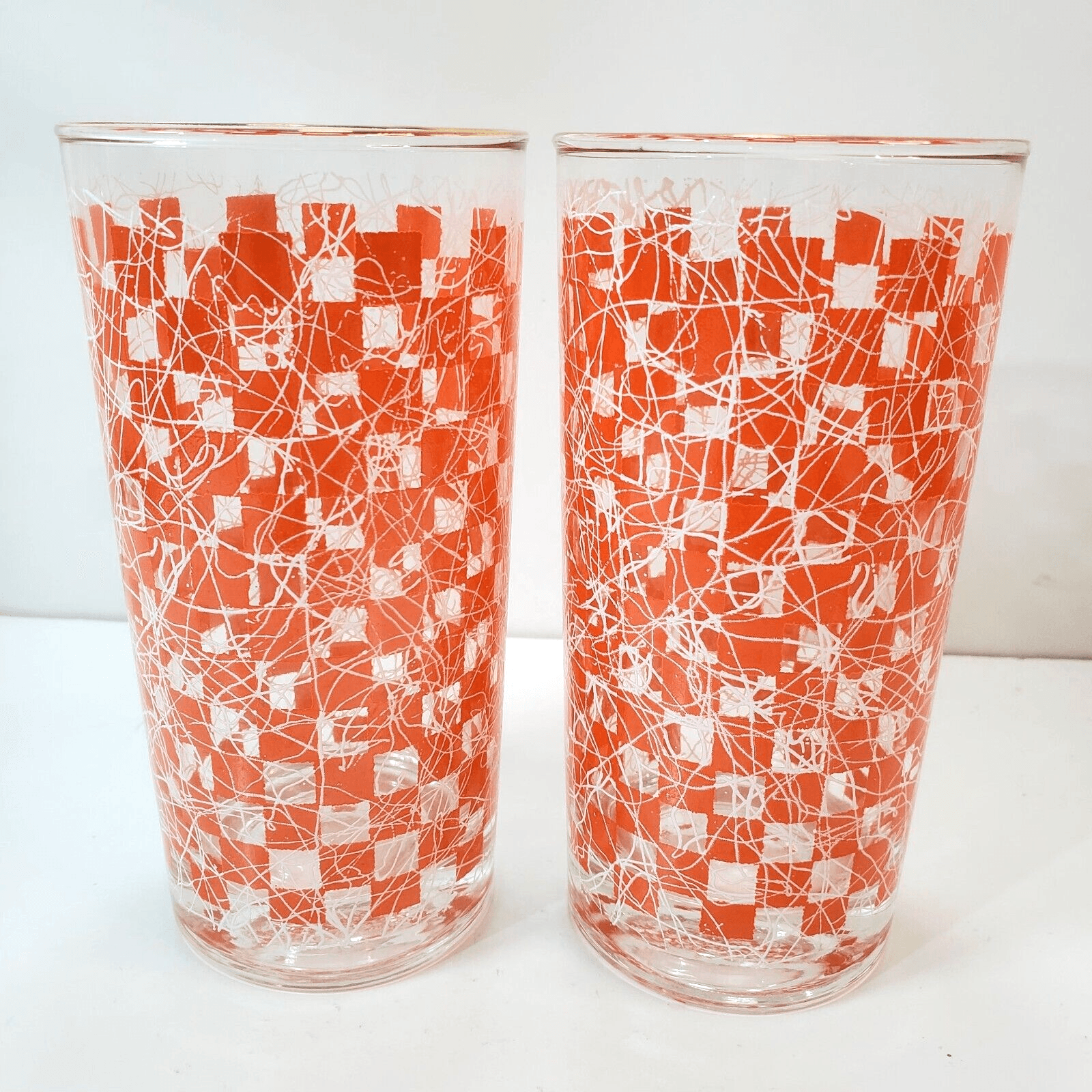 2 Vtg MCM Orange Checkered Spaghetti String Tumblers 12oz Tall Drinking Glasses