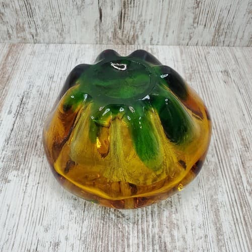 Mid Century Modern Handblown Art Glass Emerald Green Gold Ashtray Candy Dish - Thumbnail 5