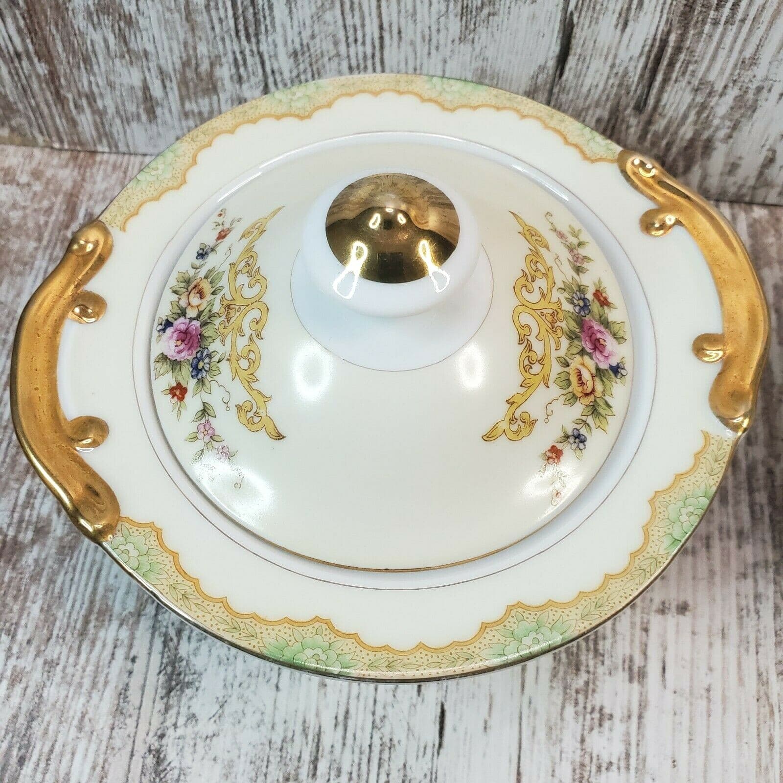 Vintage Kikusiu Fine China Lidded Sugar Bowl & Creamer Green Gold Floral Japan - Thumbnail 3