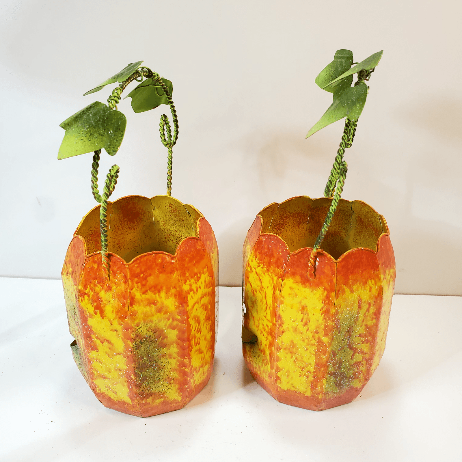 2 Metal Jack O' Lantern Pumpkin Tea Light Candle Holders Luminary Face Handle - Thumbnail 7