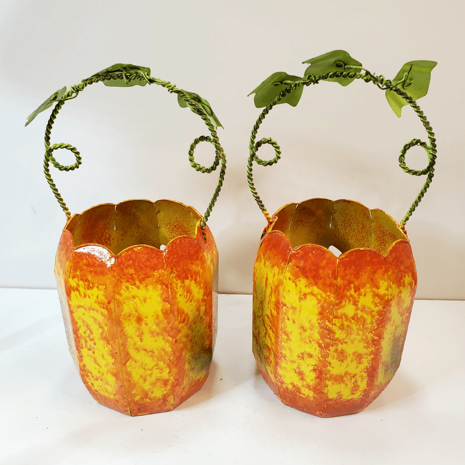 2 Metal Jack O' Lantern Pumpkin Tea Light Candle Holders Luminary Face Handle - Thumbnail 6