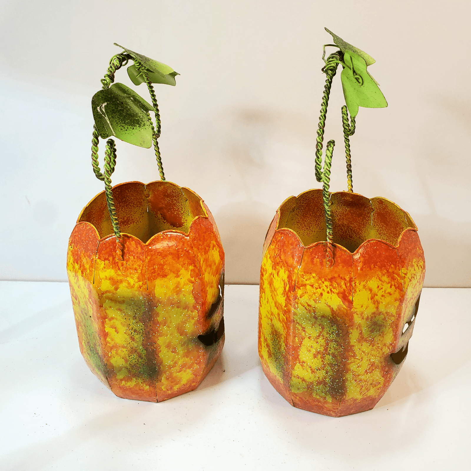 2 Metal Jack O' Lantern Pumpkin Tea Light Candle Holders Luminary Face Handle - Thumbnail 5