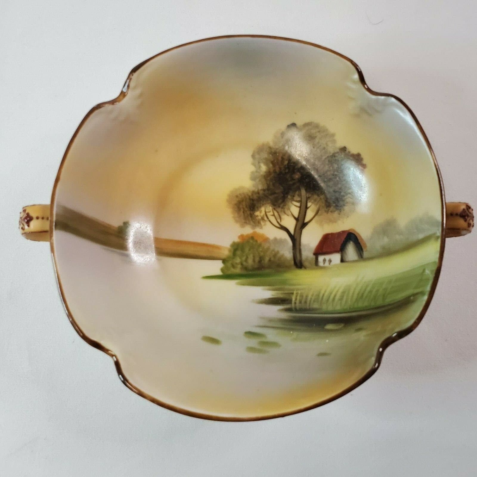 Vintage/Antique NIPPON BOWL Dish Moriage Handles Hand Painted Farm Scene