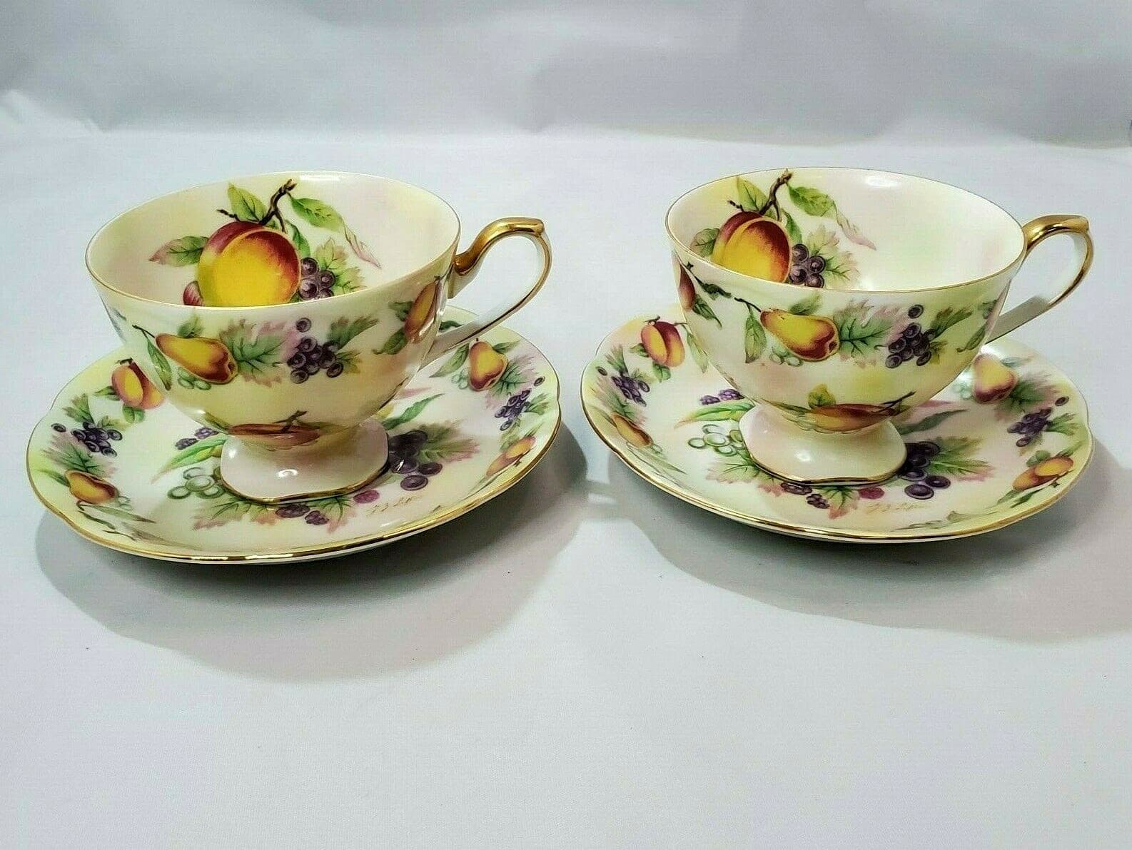 2 Vtg Lefton China Hand Painted Fruit Gold Trim Coffee Tea Cups & Saucers E2722