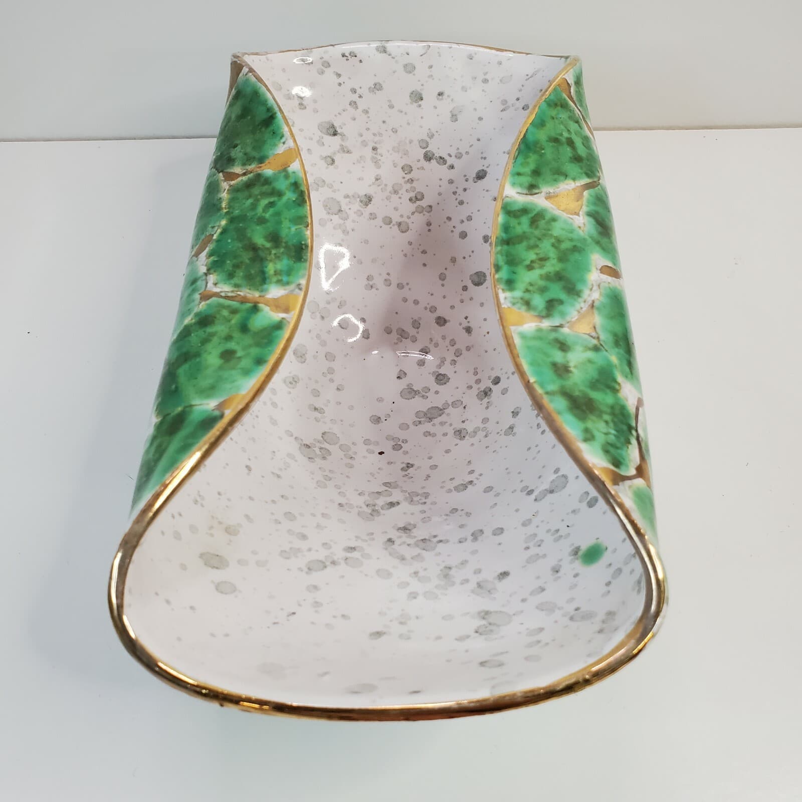 Vintage MCM Green Gold Glazed Folded Bowl Numbered Made In Italy 9.25” Long - Thumbnail 4