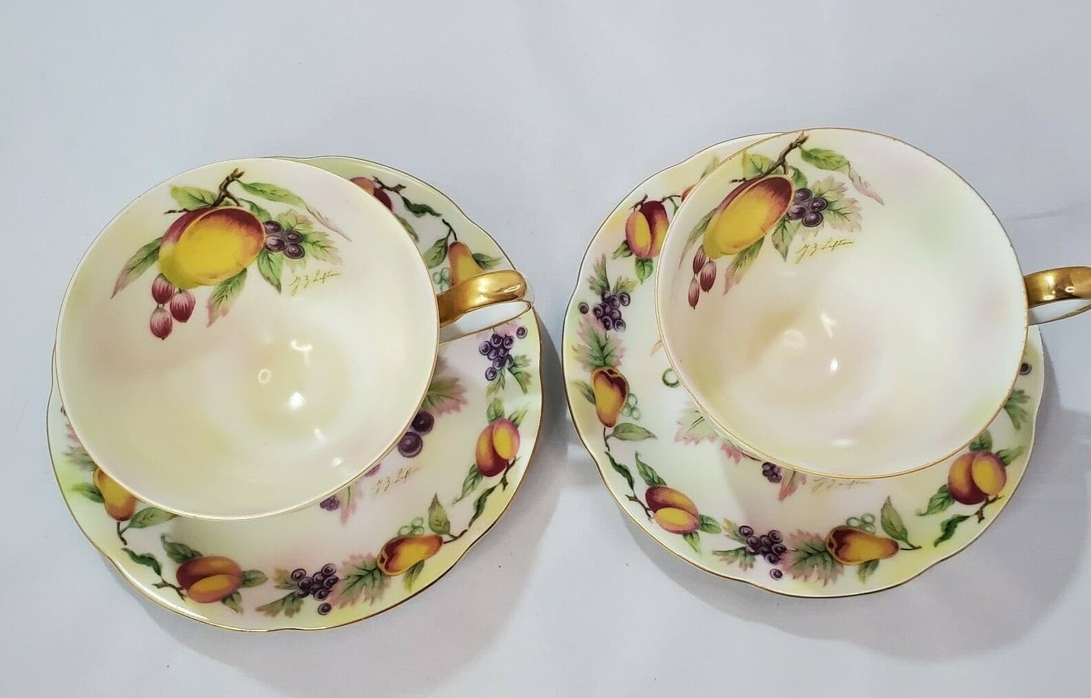 2 Vtg Lefton China Hand Painted Fruit Gold Trim Coffee Tea Cups & Saucers E2722 - Thumbnail 2