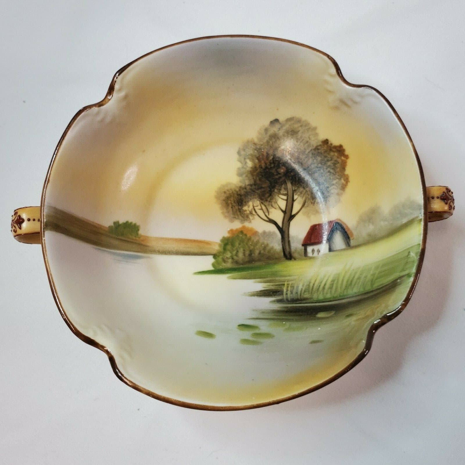 Vintage/Antique NIPPON BOWL Dish Moriage Handles Hand Painted Farm Scene - Thumbnail 6