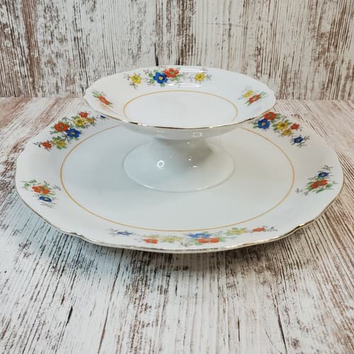 Vtg Two Tier Coronation China Japan Floral Pastry Dish Dessert Serving Tray 10"