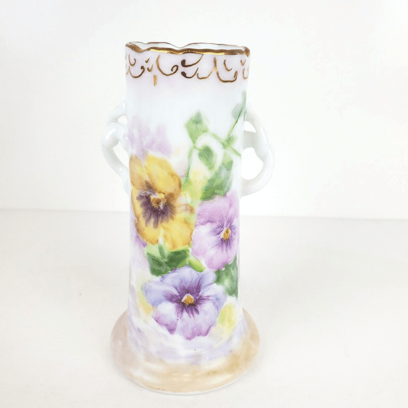 Vintage Hand Painted Signed Ann Vomel Double Handled Spring Floral Scene Vase - Thumbnail 2