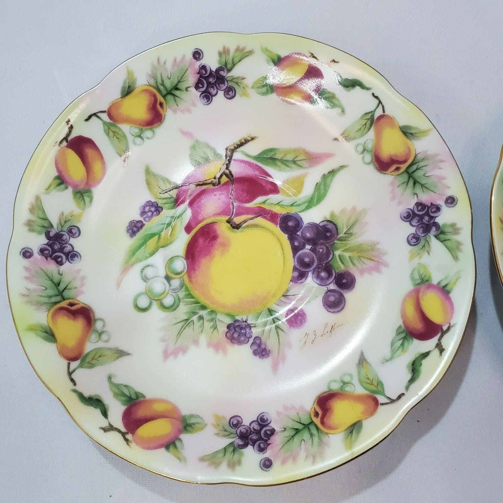 2 Vtg Lefton China Hand Painted Fruit Gold Trim Coffee Tea Cups & Saucers E2722 - Thumbnail 3