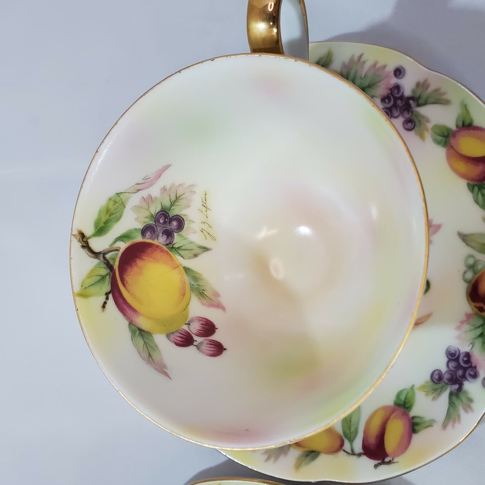2 Vtg Lefton China Hand Painted Fruit Gold Trim Coffee Tea Cups & Saucers E2722 - Thumbnail 8
