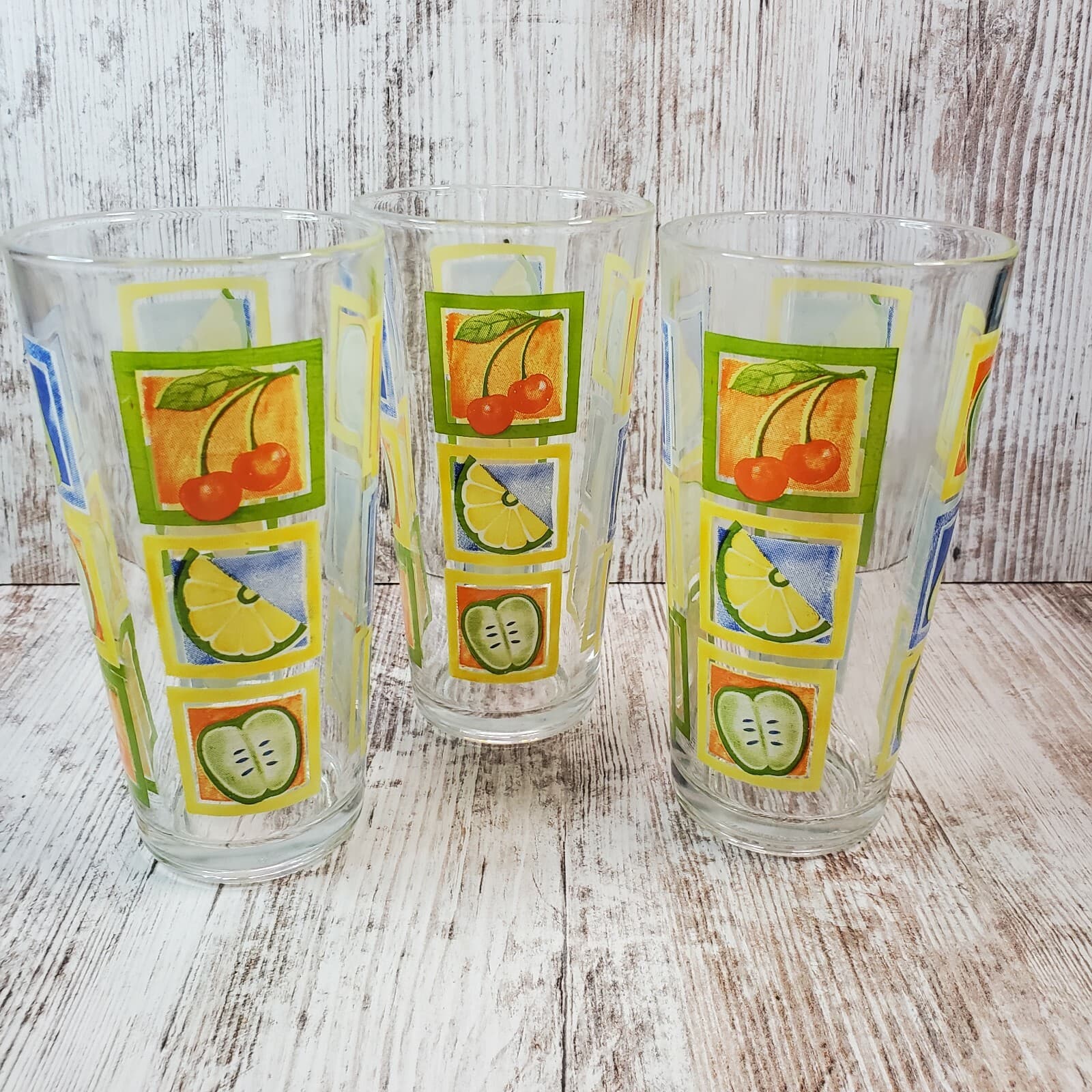 Vintage KIG Indonesia Clear with Framed Fruit Pattern Tumblers Glasses Set of 3