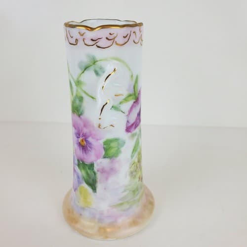 Vintage Hand Painted Signed Ann Vomel Double Handled Spring Floral Scene Vase - Thumbnail 4