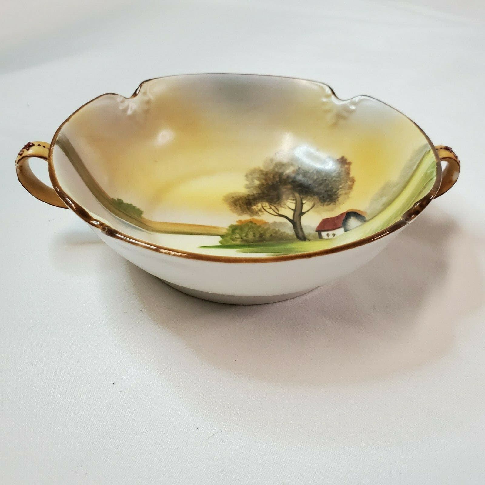 Vintage/Antique NIPPON BOWL Dish Moriage Handles Hand Painted Farm Scene - Thumbnail 3