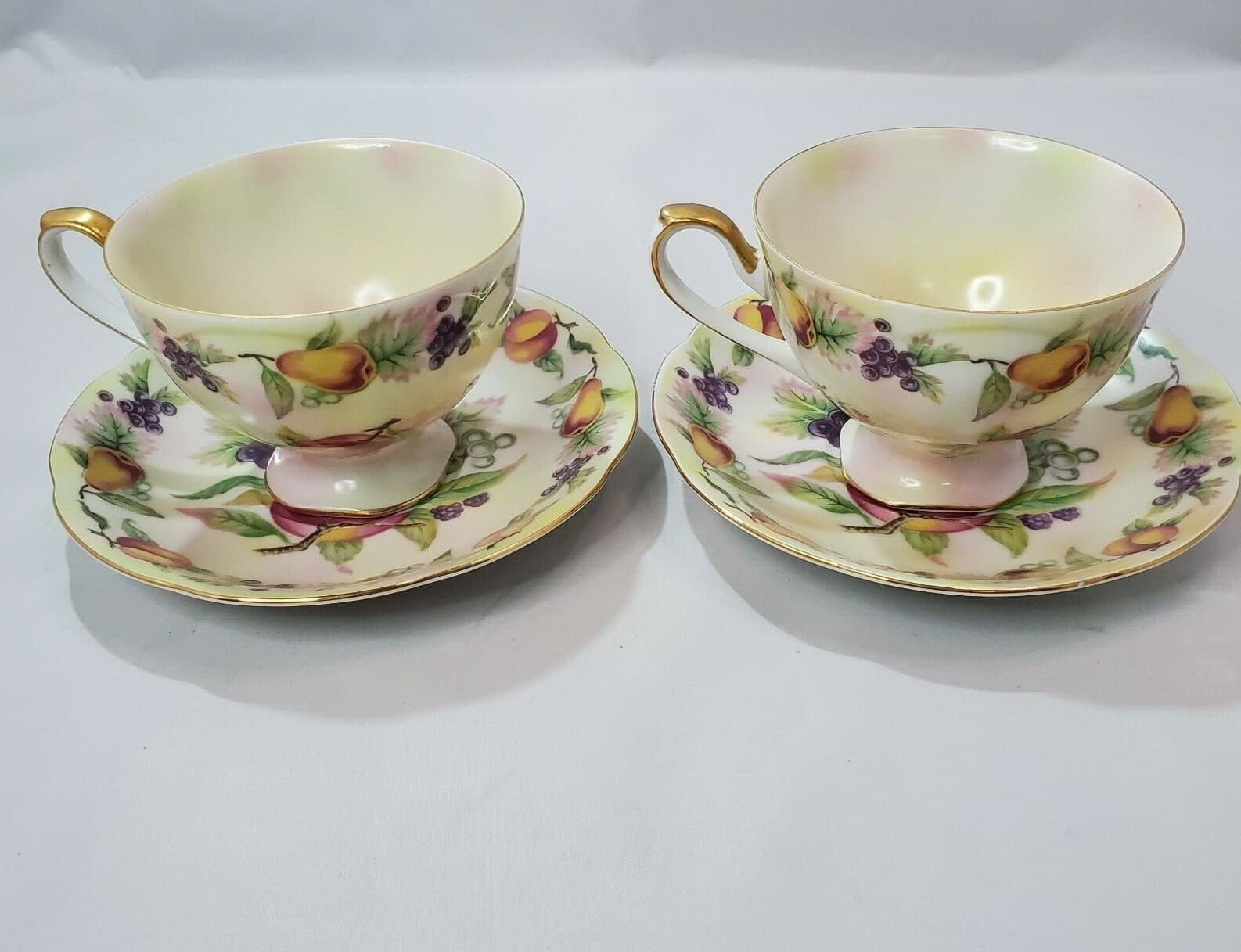 2 Vtg Lefton China Hand Painted Fruit Gold Trim Coffee Tea Cups & Saucers E2722 - Thumbnail 6