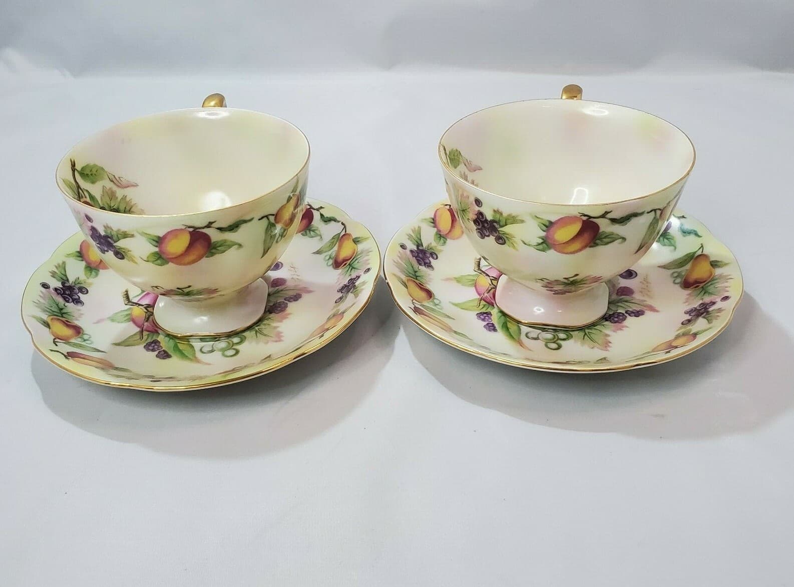 2 Vtg Lefton China Hand Painted Fruit Gold Trim Coffee Tea Cups & Saucers E2722 - Thumbnail 7
