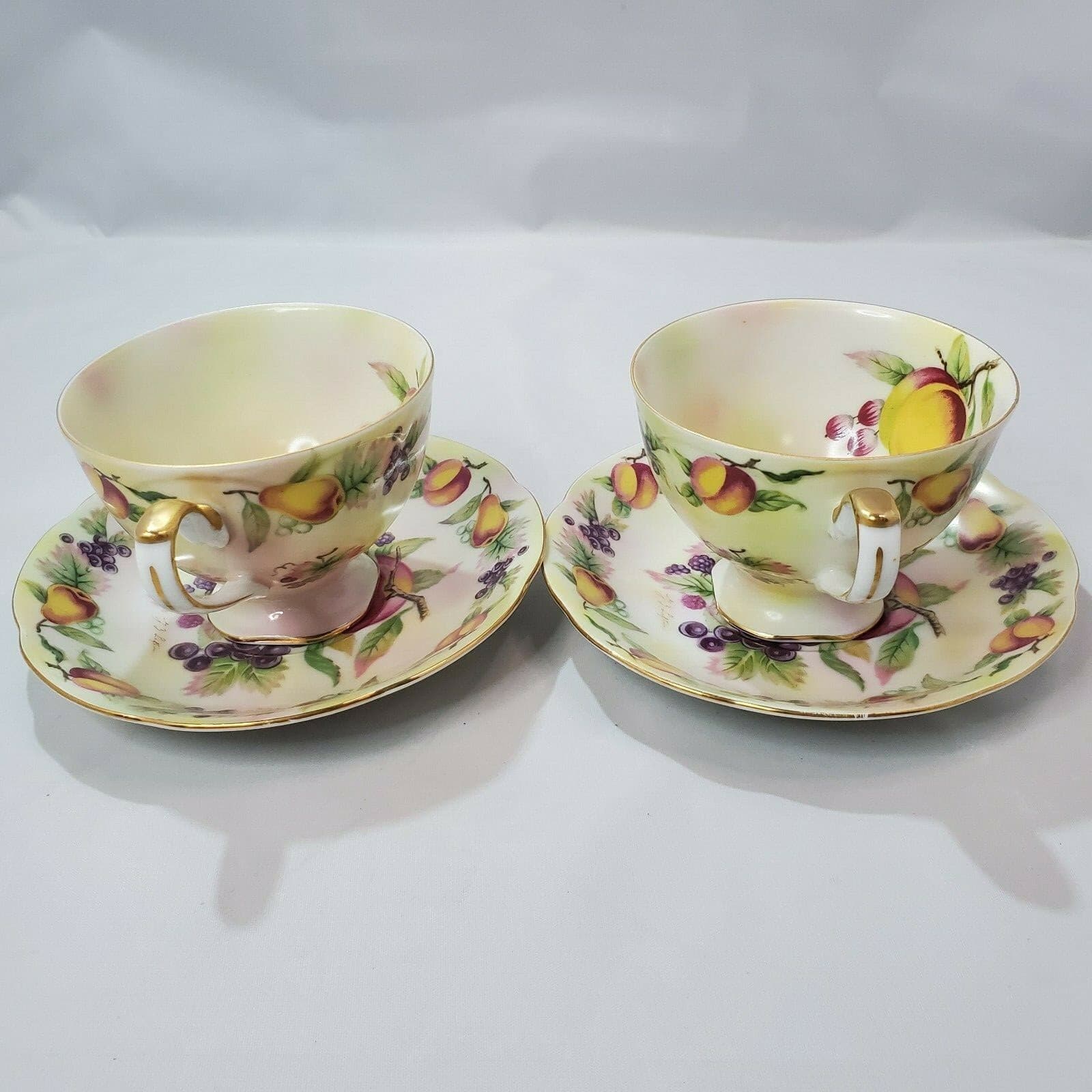 2 Vtg Lefton China Hand Painted Fruit Gold Trim Coffee Tea Cups & Saucers E2722 - Thumbnail 5