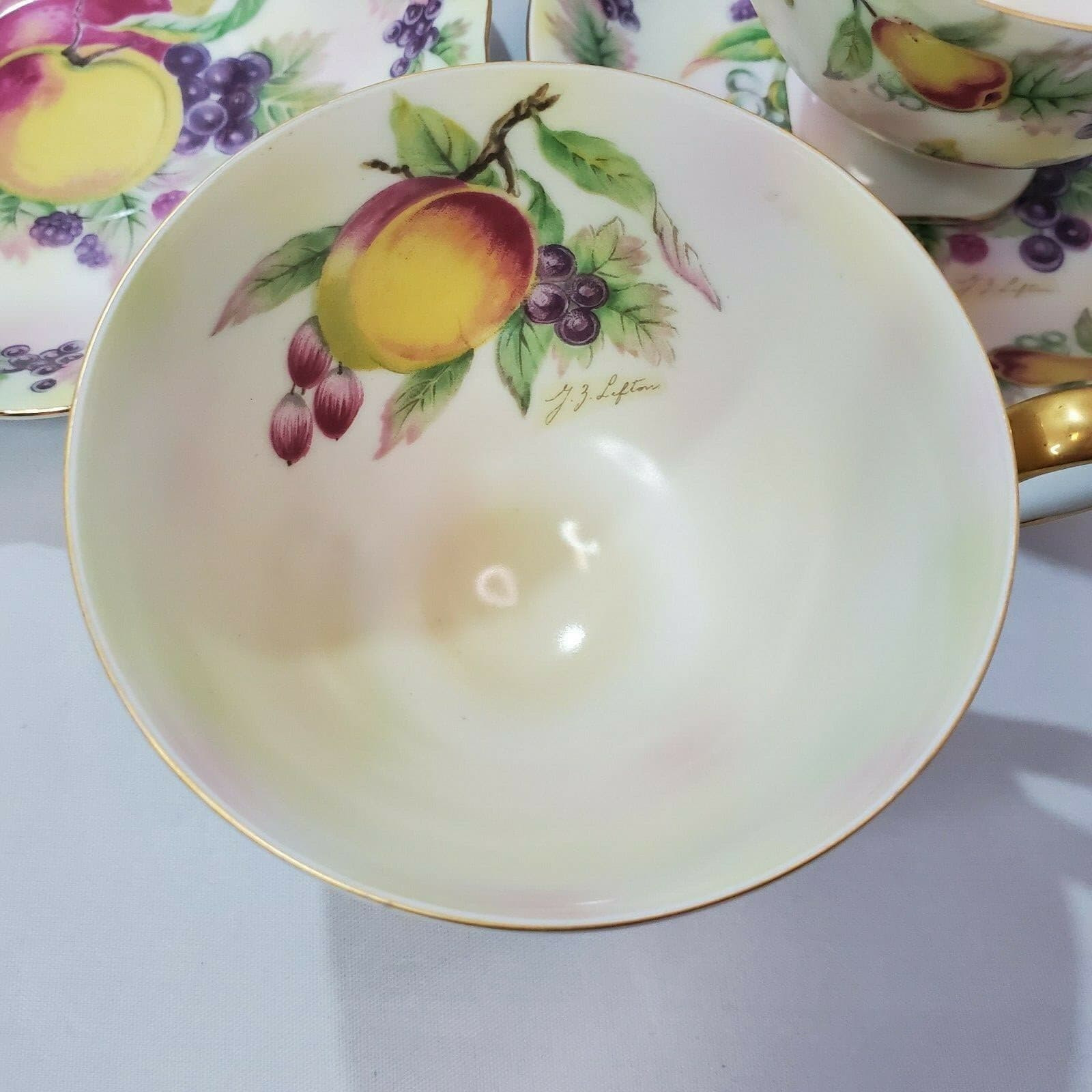 2 Vtg Lefton China Hand Painted Fruit Gold Trim Coffee Tea Cups & Saucers E2722 - Thumbnail 4