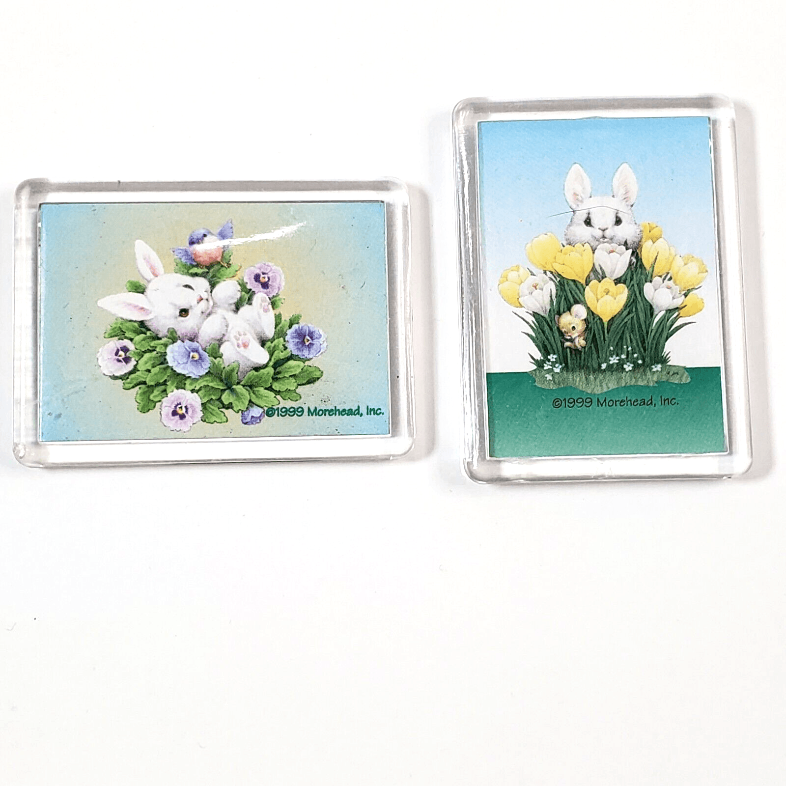 2 Vtg Refrigerator Magnets 1999 Morehead Inc Bunny Mouse Flowers Easter Spring