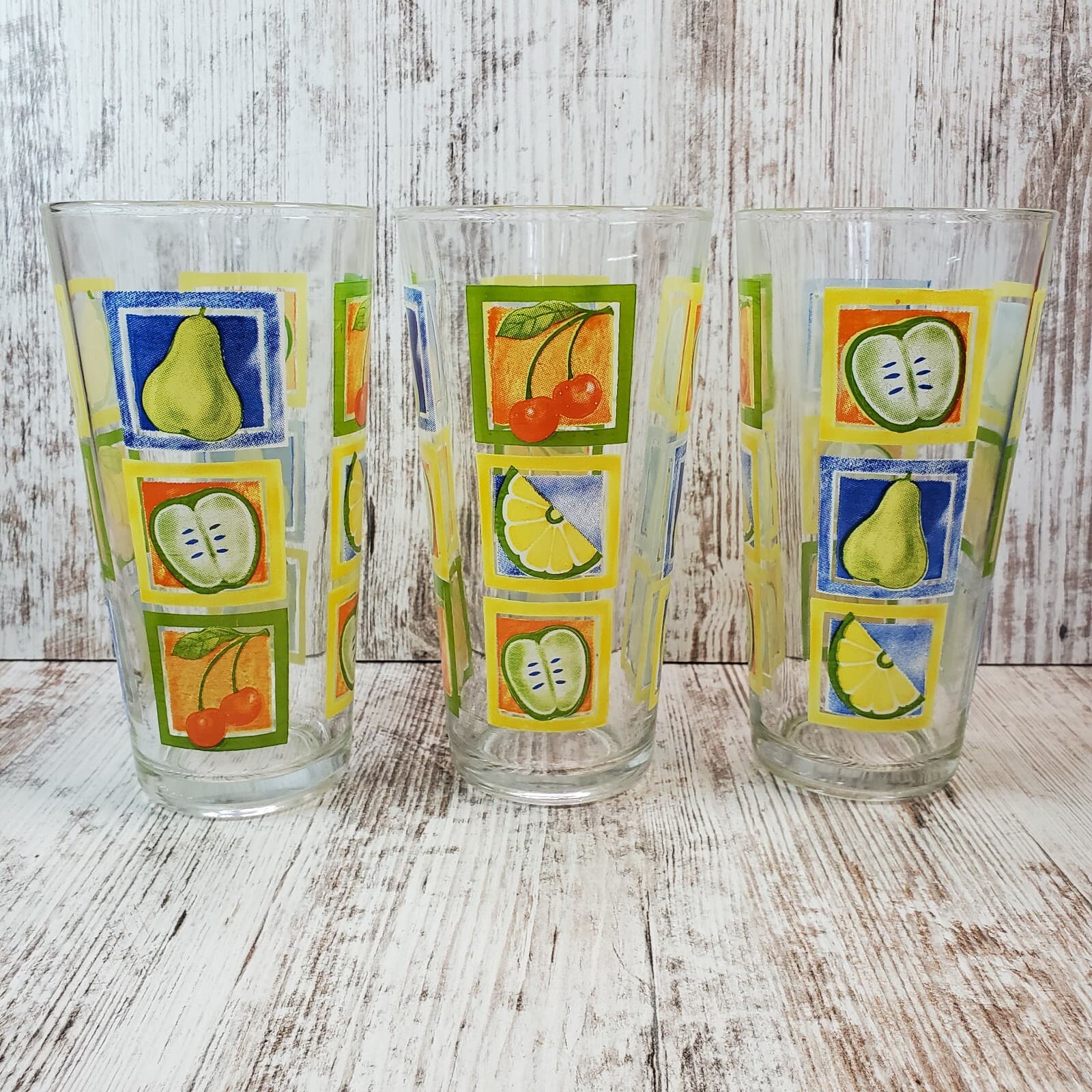 Vintage KIG Indonesia Clear with Framed Fruit Pattern Tumblers Glasses Set of 3 - Thumbnail 2
