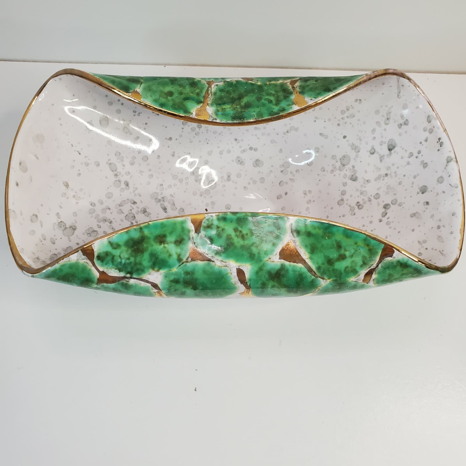 Vintage MCM Green Gold Glazed Folded Bowl Numbered Made In Italy 9.25” Long - Thumbnail 3