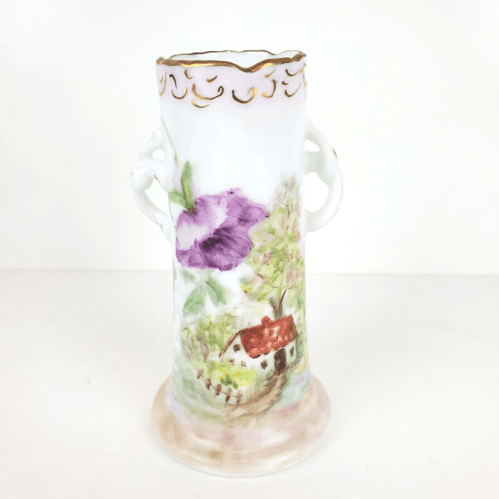 Vintage Hand Painted Signed Ann Vomel Double Handled Spring Floral Scene Vase