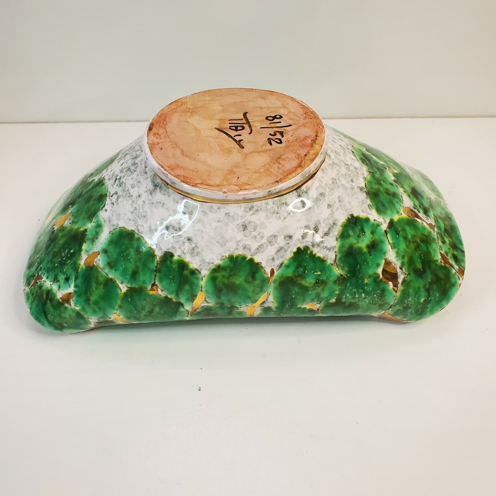 Vintage MCM Green Gold Glazed Folded Bowl Numbered Made In Italy 9.25” Long - Thumbnail 8