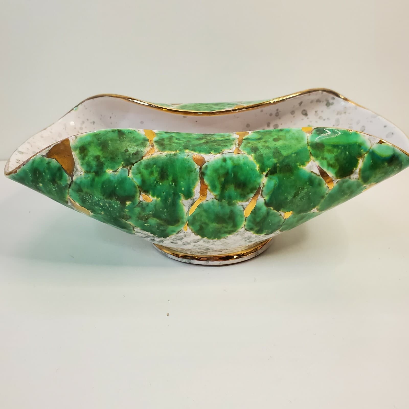 Vintage MCM Green Gold Glazed Folded Bowl Numbered Made In Italy 9.25” Long - Thumbnail 5