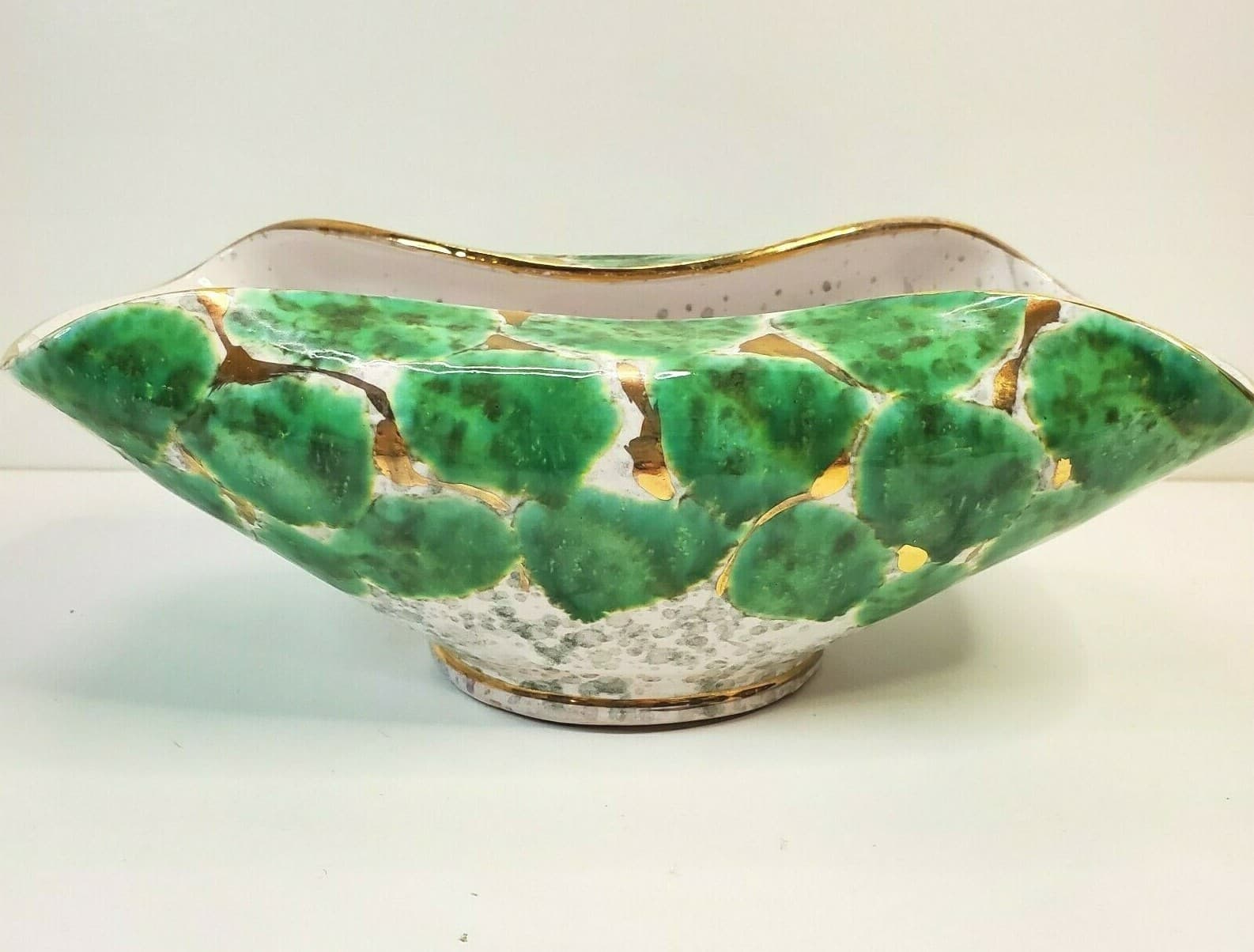 Vintage MCM Green Gold Glazed Folded Bowl Numbered Made In Italy 9.25” Long - Thumbnail 2